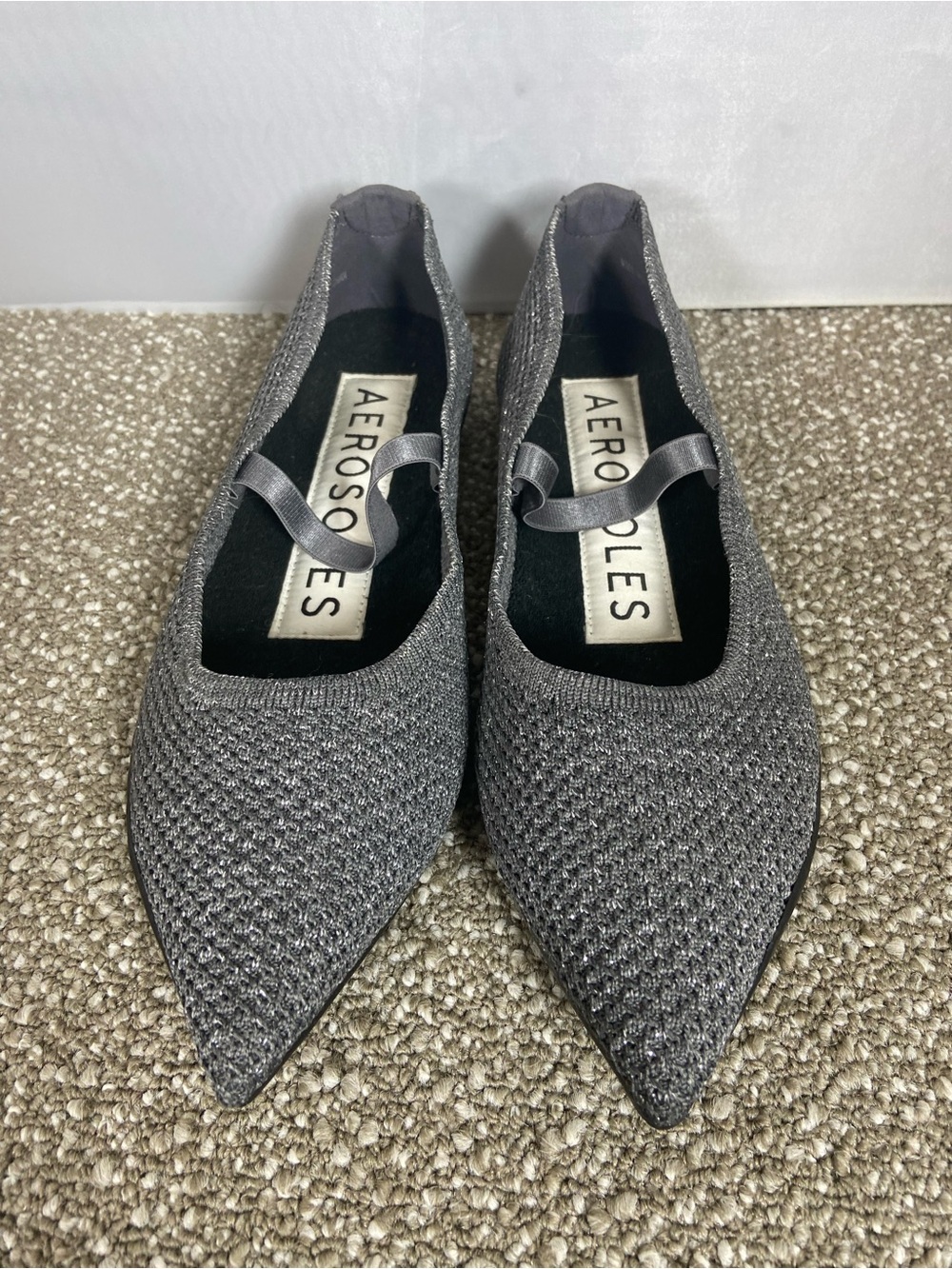 AEROSOLES Silver-Gray Pointed Knit Ballet Flats with Elastic Strap,Mary Jane.